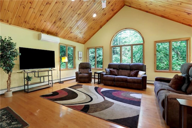 living room featuring a wall mounted air conditioner, light wood-type flooring, wooden ceiling, and a healthy amount of sunlight