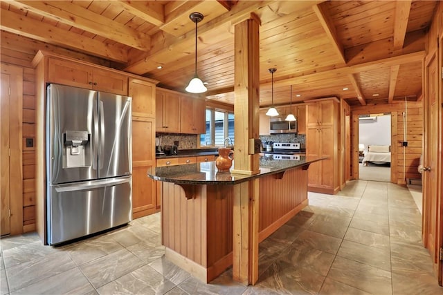 kitchen with backsplash, stainless steel appliances, a kitchen island, and wood ceiling