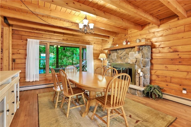 dining space featuring beam ceiling, wooden ceiling, a stone fireplace, a notable chandelier, and hardwood / wood-style flooring