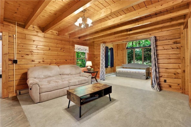 living room with beam ceiling, wood walls, wooden ceiling, and a notable chandelier