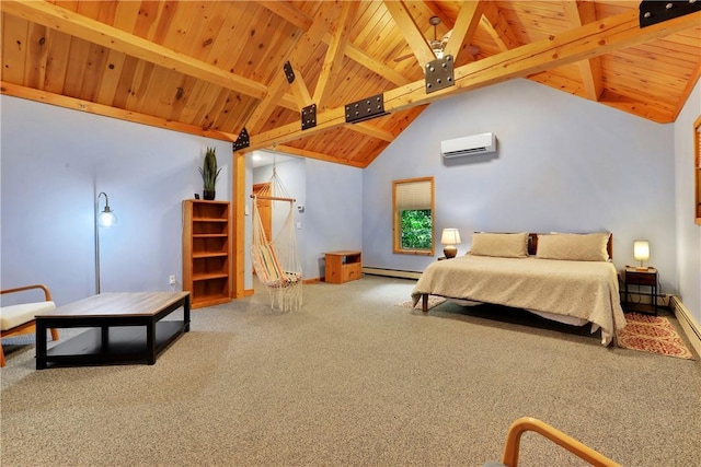 carpeted bedroom featuring baseboard heating, beamed ceiling, high vaulted ceiling, a wall unit AC, and wood ceiling