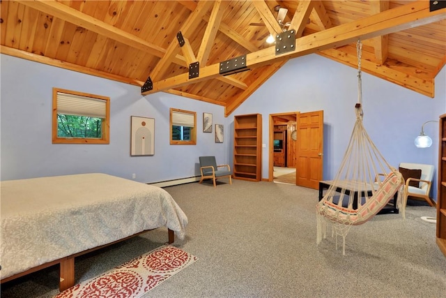 bedroom featuring beamed ceiling, carpet flooring, wood ceiling, and high vaulted ceiling