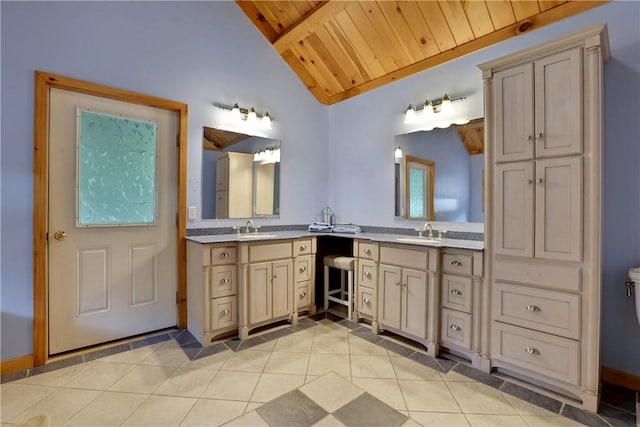 bathroom with tile patterned floors, vanity, vaulted ceiling, and wood ceiling