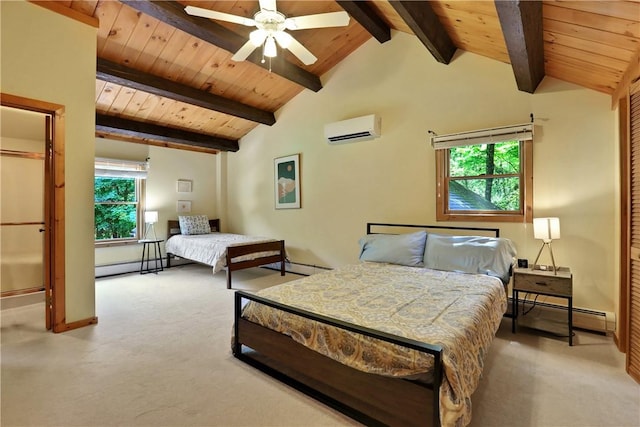 carpeted bedroom with a wall mounted air conditioner, lofted ceiling with beams, multiple windows, and ceiling fan