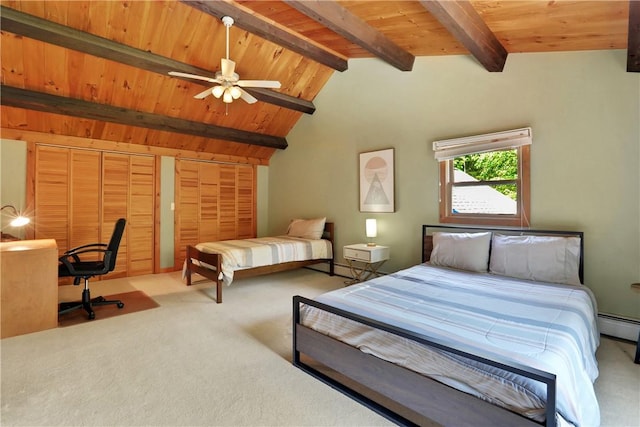 carpeted bedroom with lofted ceiling with beams, ceiling fan, wood ceiling, and multiple closets