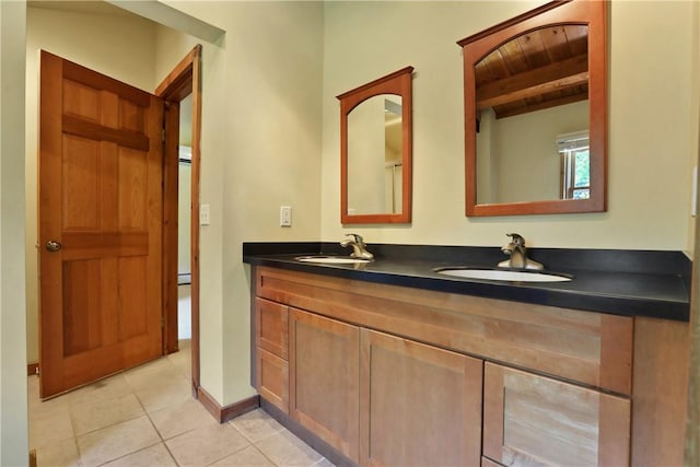 bathroom featuring tile patterned floors, vanity, wood ceiling, and beam ceiling