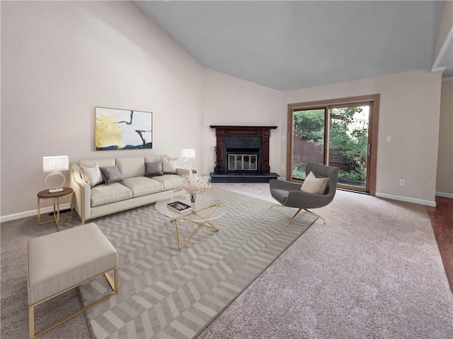 living room with carpet and high vaulted ceiling