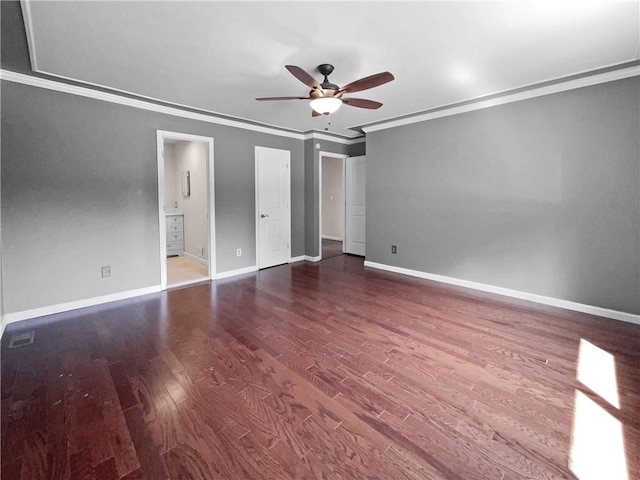 unfurnished bedroom with wood-type flooring, connected bathroom, ceiling fan, and ornamental molding