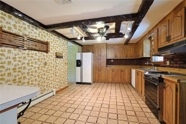 kitchen with white appliances, ceiling fan, sink, beam ceiling, and a baseboard radiator