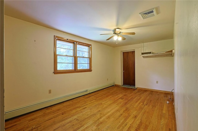 spare room with ceiling fan, light hardwood / wood-style flooring, and a baseboard radiator