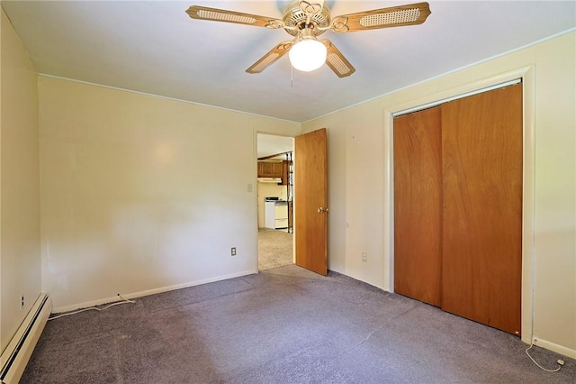 unfurnished bedroom featuring carpet flooring, ceiling fan, a closet, and a baseboard radiator