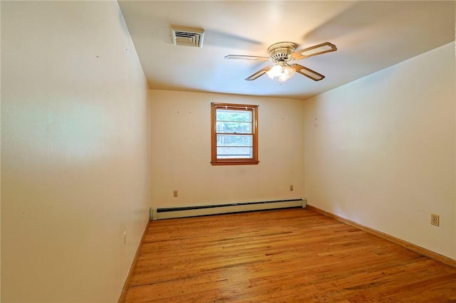 empty room featuring ceiling fan, light hardwood / wood-style flooring, and a baseboard heating unit