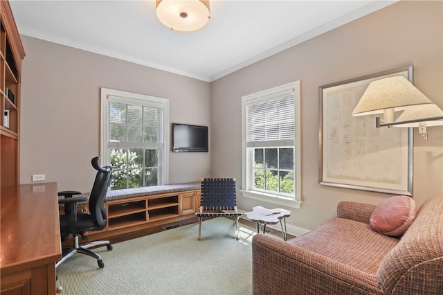 office space with visible vents, crown molding, baseboards, and carpet floors