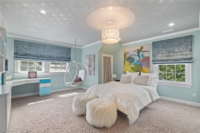 bedroom featuring a notable chandelier, carpet, baseboards, and ornamental molding