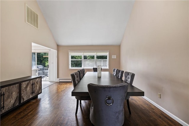 dining room with dark hardwood / wood-style flooring, a baseboard radiator, and high vaulted ceiling