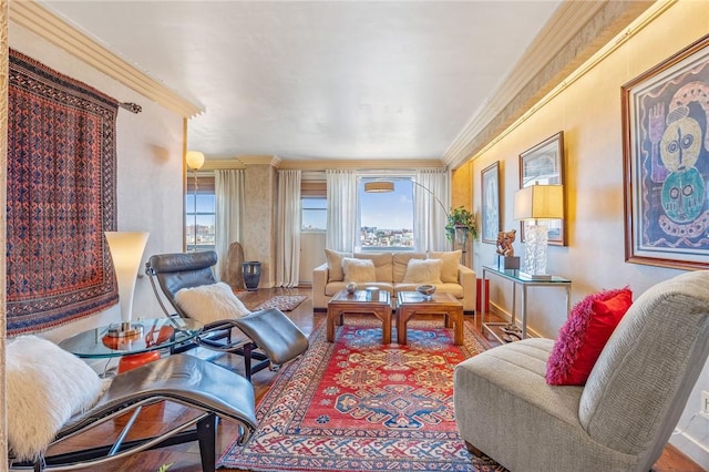 living room with wood-type flooring and crown molding