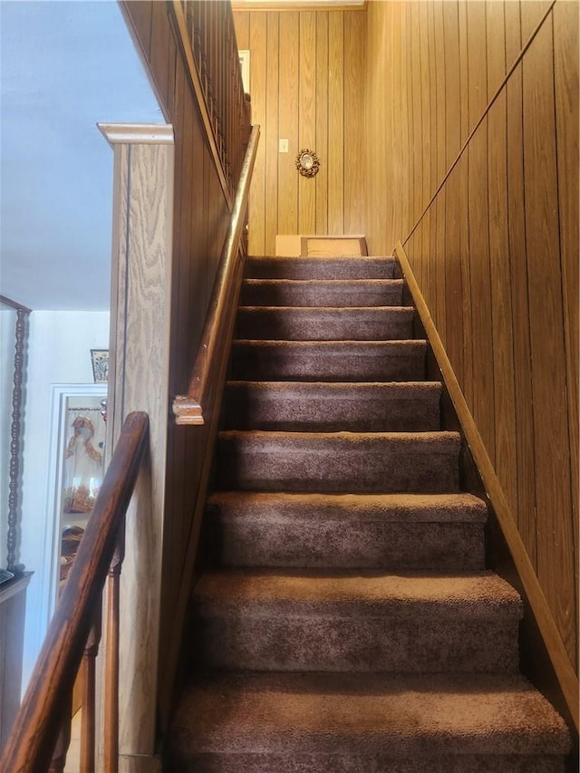 staircase with wood walls