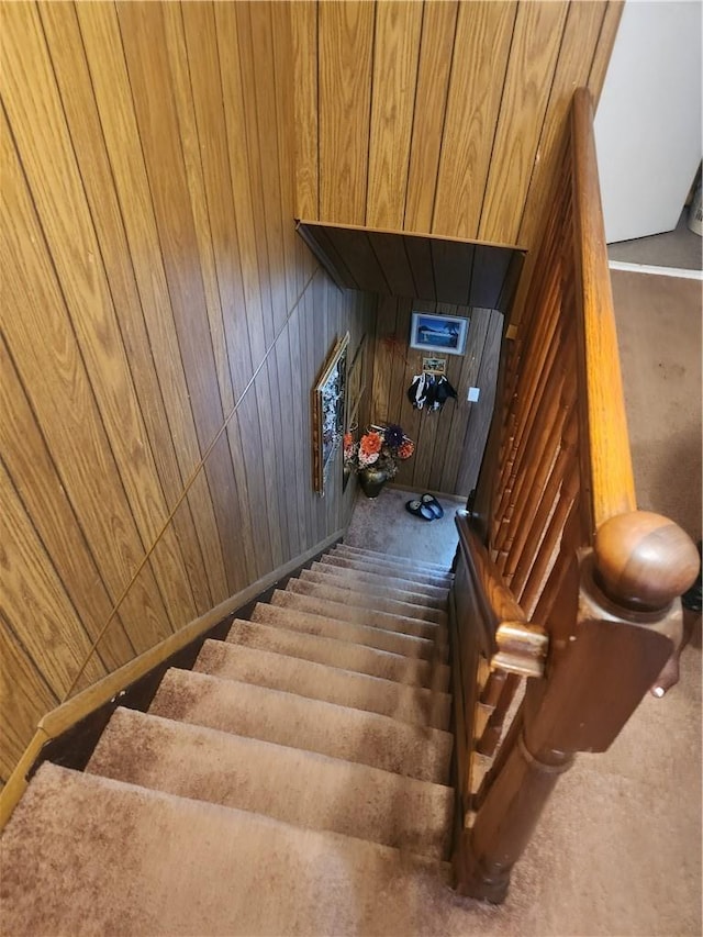 staircase with wood walls