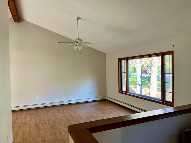 spare room with hardwood / wood-style floors, lofted ceiling with beams, ceiling fan, and a baseboard heating unit