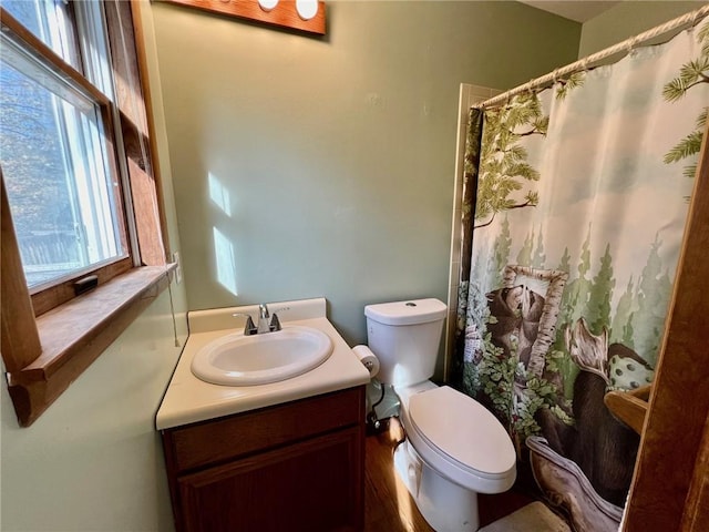 bathroom featuring hardwood / wood-style flooring, vanity, and toilet