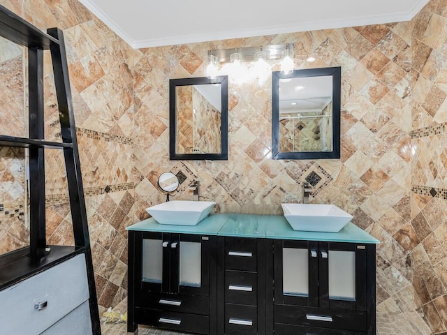 bathroom with tile walls and crown molding