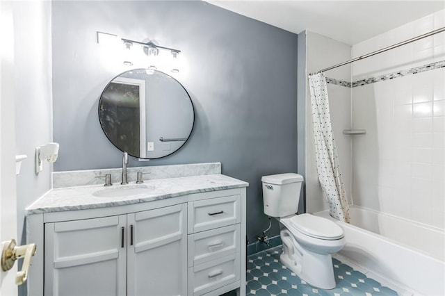 full bathroom featuring vanity, shower / tub combo, and toilet