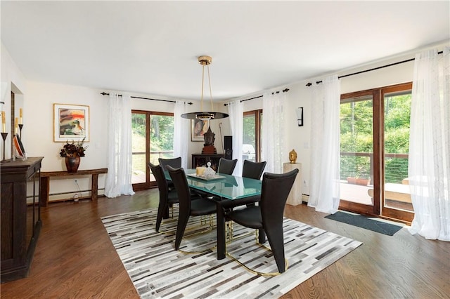 dining space featuring dark hardwood / wood-style floors and baseboard heating