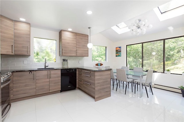 kitchen with dishwasher, decorative light fixtures, lofted ceiling with skylight, and a wealth of natural light