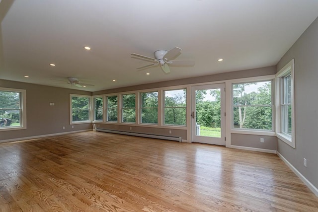 unfurnished room featuring ceiling fan, a baseboard radiator, and light hardwood / wood-style floors