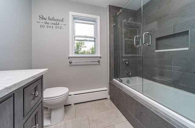 full bathroom with vanity, tile patterned flooring, toilet, enclosed tub / shower combo, and baseboard heating