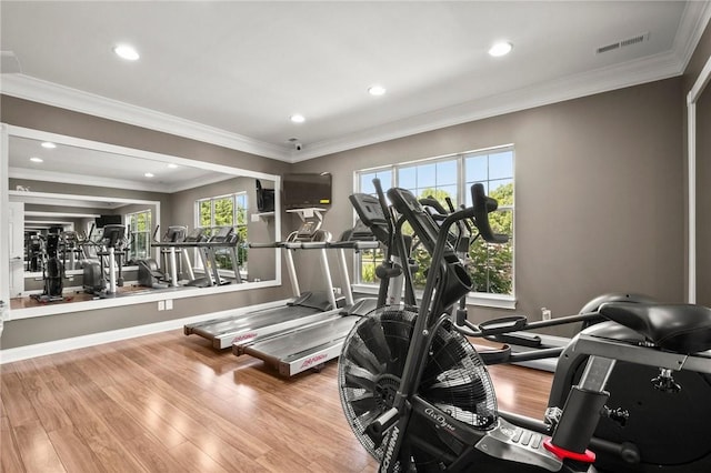 workout area featuring light hardwood / wood-style floors and crown molding