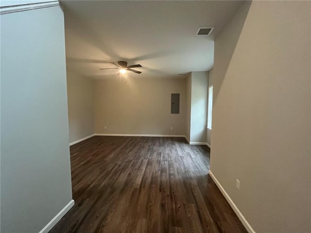 unfurnished room with dark hardwood / wood-style floors, ceiling fan, and electric panel