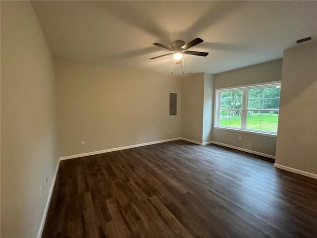 spare room featuring ceiling fan, dark wood-type flooring, and electric panel