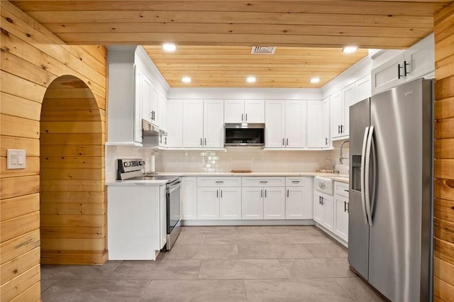 kitchen featuring wooden walls, decorative backsplash, white cabinets, wood ceiling, and appliances with stainless steel finishes