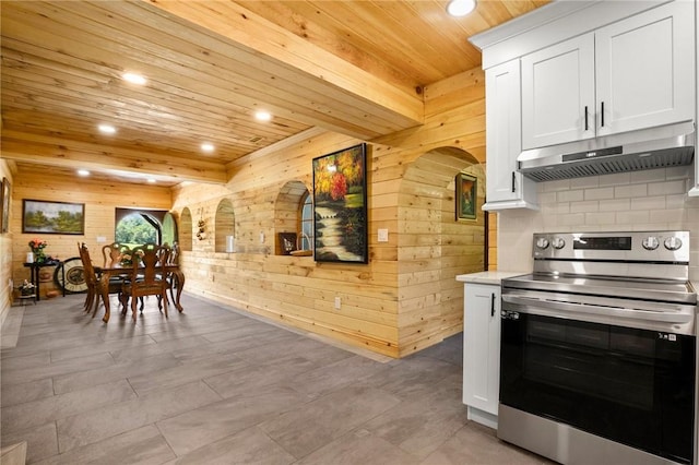 kitchen featuring white cabinetry, wooden walls, stainless steel range with electric cooktop, and wooden ceiling