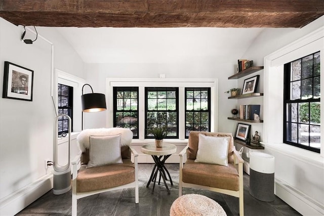 living area with vaulted ceiling with beams and a baseboard radiator