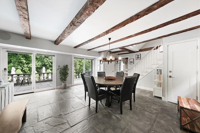 dining area with beam ceiling, radiator, and an inviting chandelier