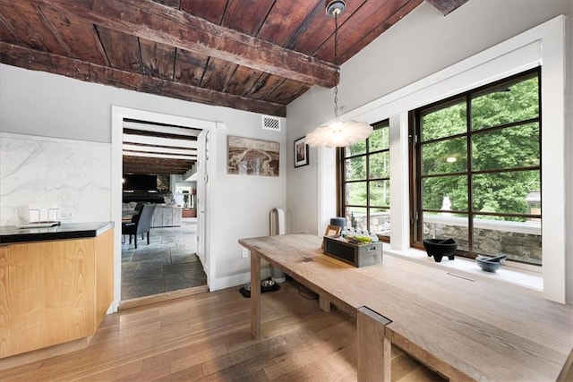 dining room with hardwood / wood-style floors, beam ceiling, and wood ceiling