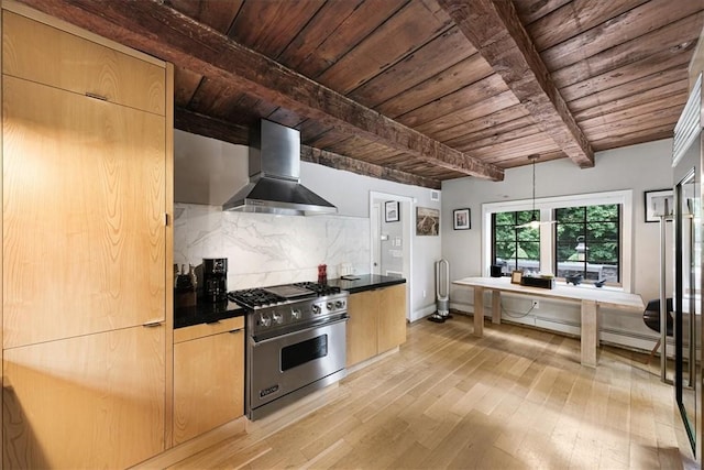 kitchen with high end stainless steel range oven, wood ceiling, wall chimney range hood, and light wood-type flooring