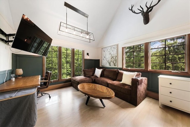 living area with high vaulted ceiling and light hardwood / wood-style flooring