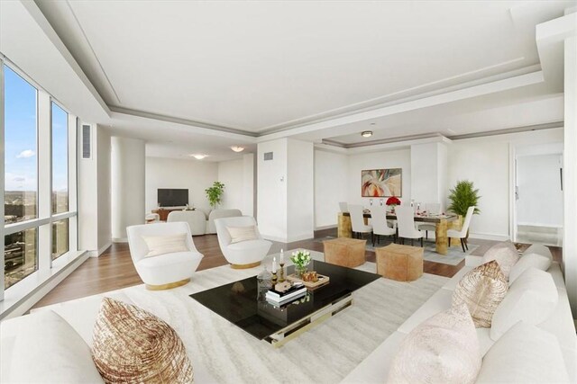 1 Renaissance Sq Unit Ph2Bc, White Plains, NY 10601 - living room with wood finished floors, a raised ceiling, and baseboards