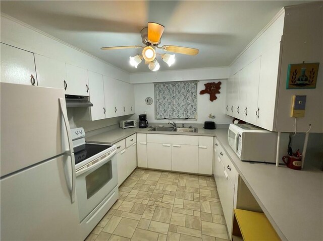 kitchen featuring white cabinetry, sink, white appliances, and ornamental molding