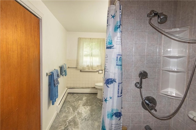 bathroom featuring a shower with shower curtain, toilet, and a baseboard heating unit