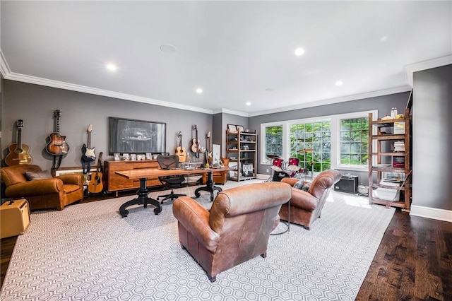 interior space featuring crown molding and wood-type flooring