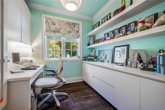 office area featuring dark hardwood / wood-style floors and ornamental molding