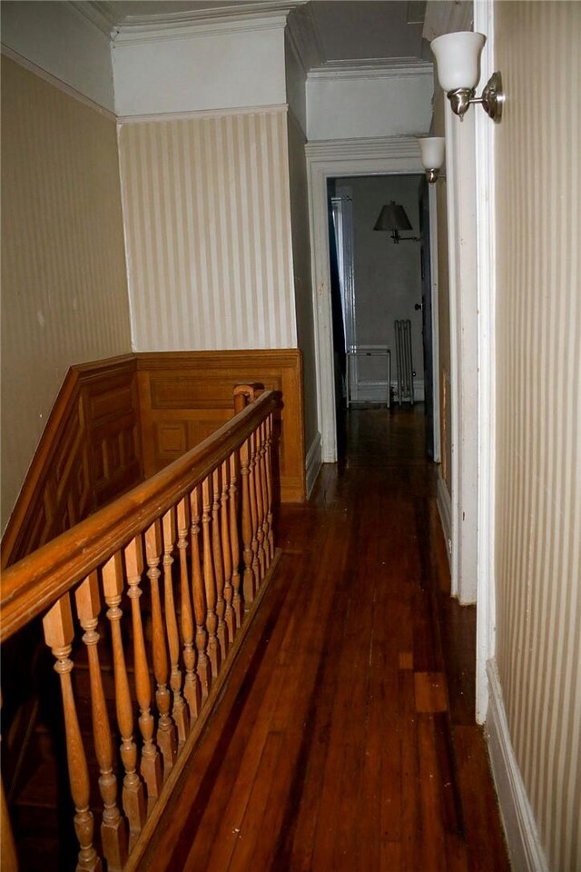 hall featuring dark hardwood / wood-style flooring and crown molding