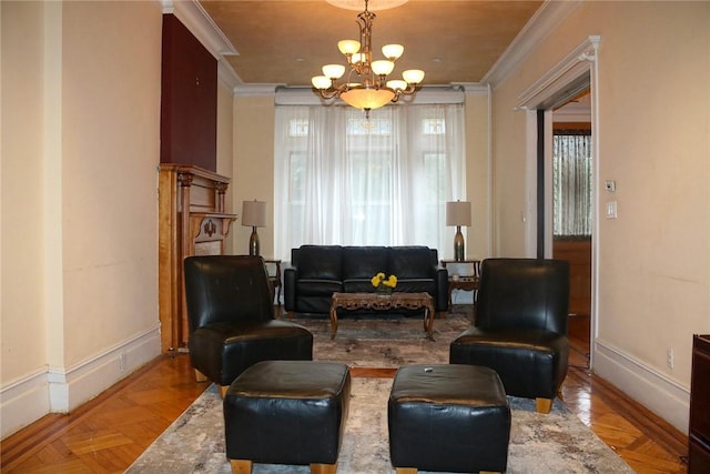 living area featuring light parquet flooring, ornamental molding, and an inviting chandelier