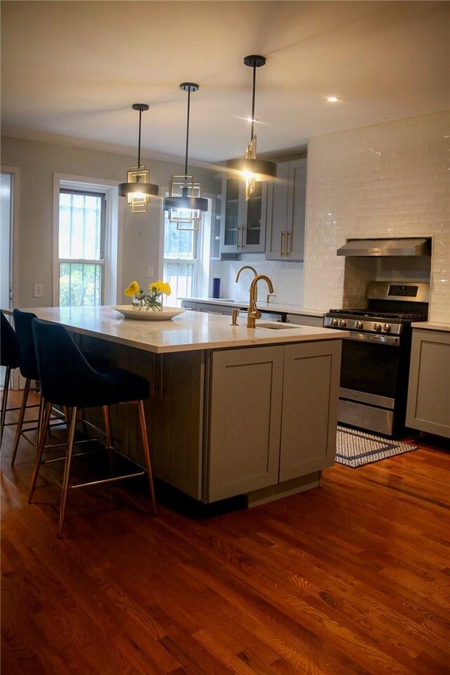 kitchen featuring stainless steel gas stove, dark hardwood / wood-style flooring, sink, and range hood