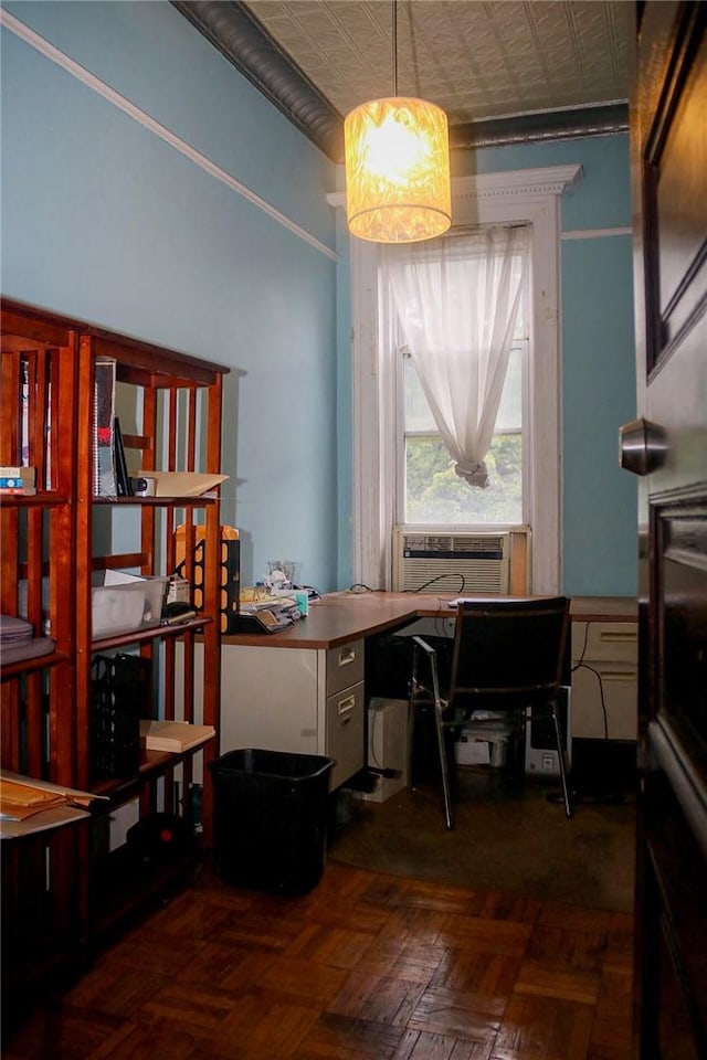 home office featuring dark parquet flooring and cooling unit