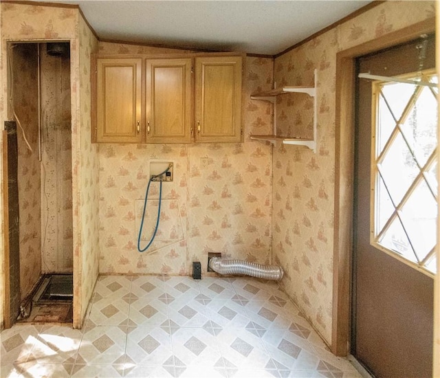 clothes washing area featuring cabinets and hookup for a washing machine